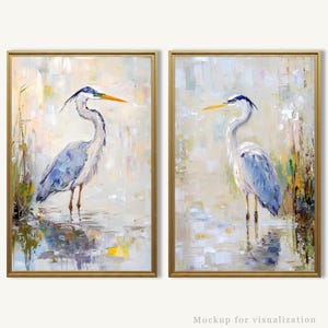 Blue Heron Set Of 2 Art Prints Bird Oil Painting Coastal Marsh Artwork Wildlife Landscape Poster Farmhouse Wall Decor