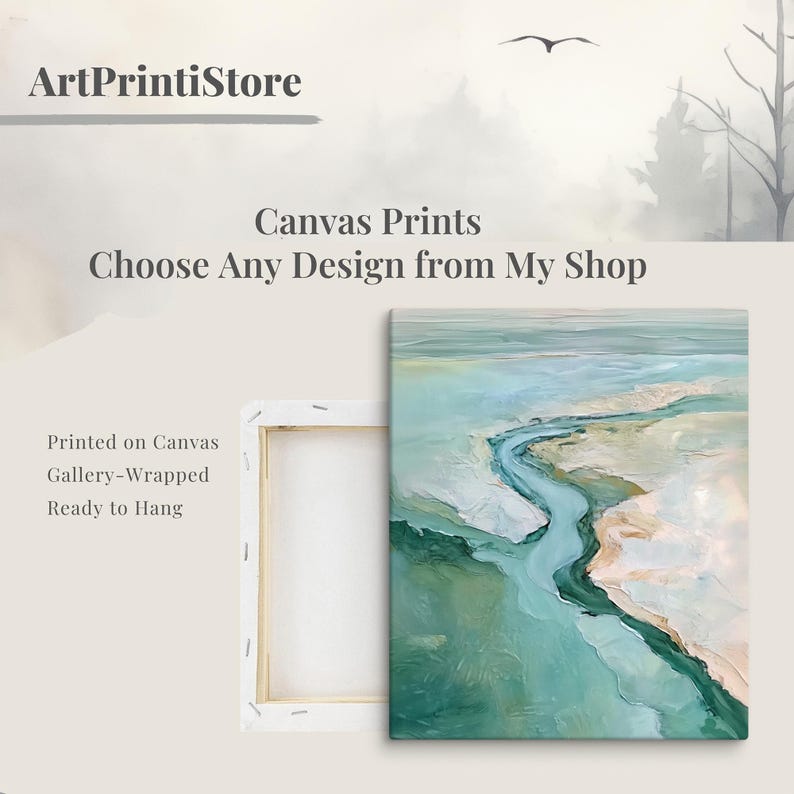 The image is an advertisement for canvas prints, featuring a landscape painting of a winding river and a bird in flight. The text on the image promotes the ability to choose any design from the artist's shop, and it is printed on a canvas with a gallery-wrapped border, ready to hang.