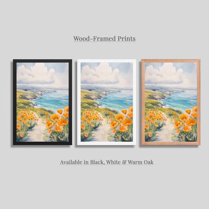 three framed prints of a scenic landscape with a path leading through a field of orange flowers. The prints are available in black, white, and warm oak frames.