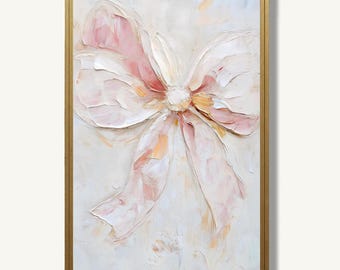 Pink Bow Art Print Pastel Minimalist Oil Painting Nursery Poster Feminine Artwork Shabby Chic Wall Decor