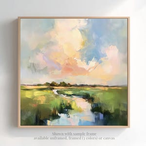 The image is an abstract landscape painting featuring a vibrant sky with clouds and a winding river in the foreground.