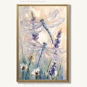 Dragonfly Art Print Lavender Field Wall Art Floral Insect Oil Painting Wildflower Botanical Artwork Impasto Flower Wall Decor