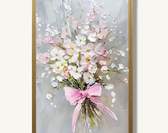 Wildflower Bouquet Oil Painting Print Pink Bow Pastel Floral Wall Art Feminine Cottagecore Decor