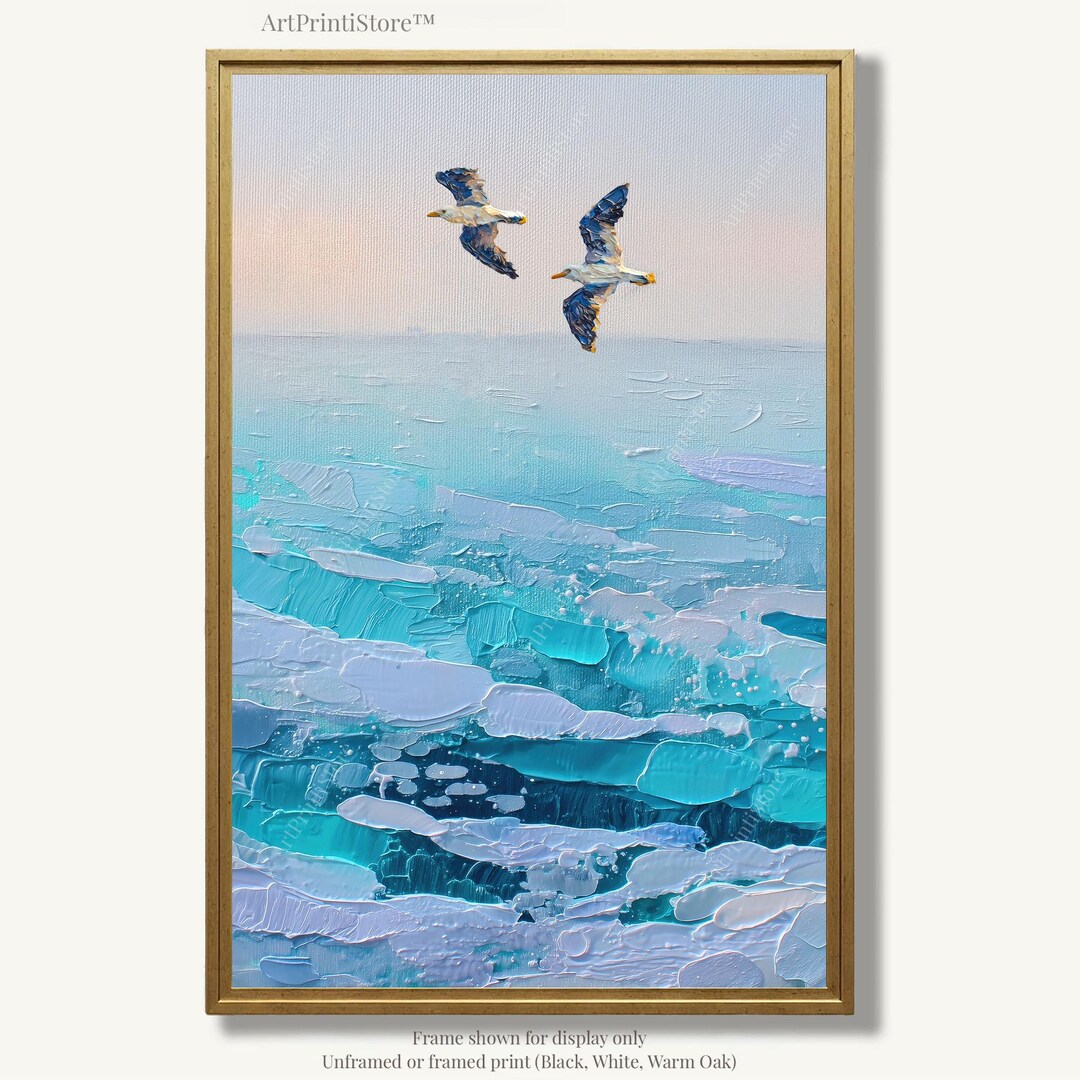 Seagulls Over Ocean Wall Art Print Seascape Oil Painting Style Teal ...