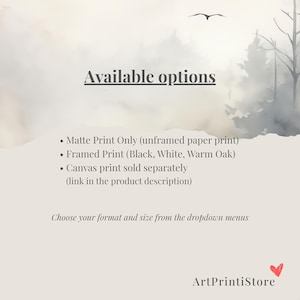 The image is a product description for a product called "Available options" from an art print store. It features a minimalist design with a blurred background and a bird flying in the sky. The text provides information about the available options, including the choice of format and size, and the link to the product description.