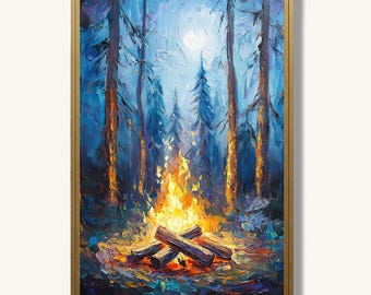 Camping Art Print Forest Campfire Oil Painting Nature Poster Rustic Cabin Wall Decor
