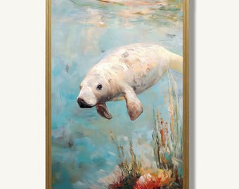 Florida Manatee Wall Art Print In Oil Painting Style Coastal Artwork For Wall Decor