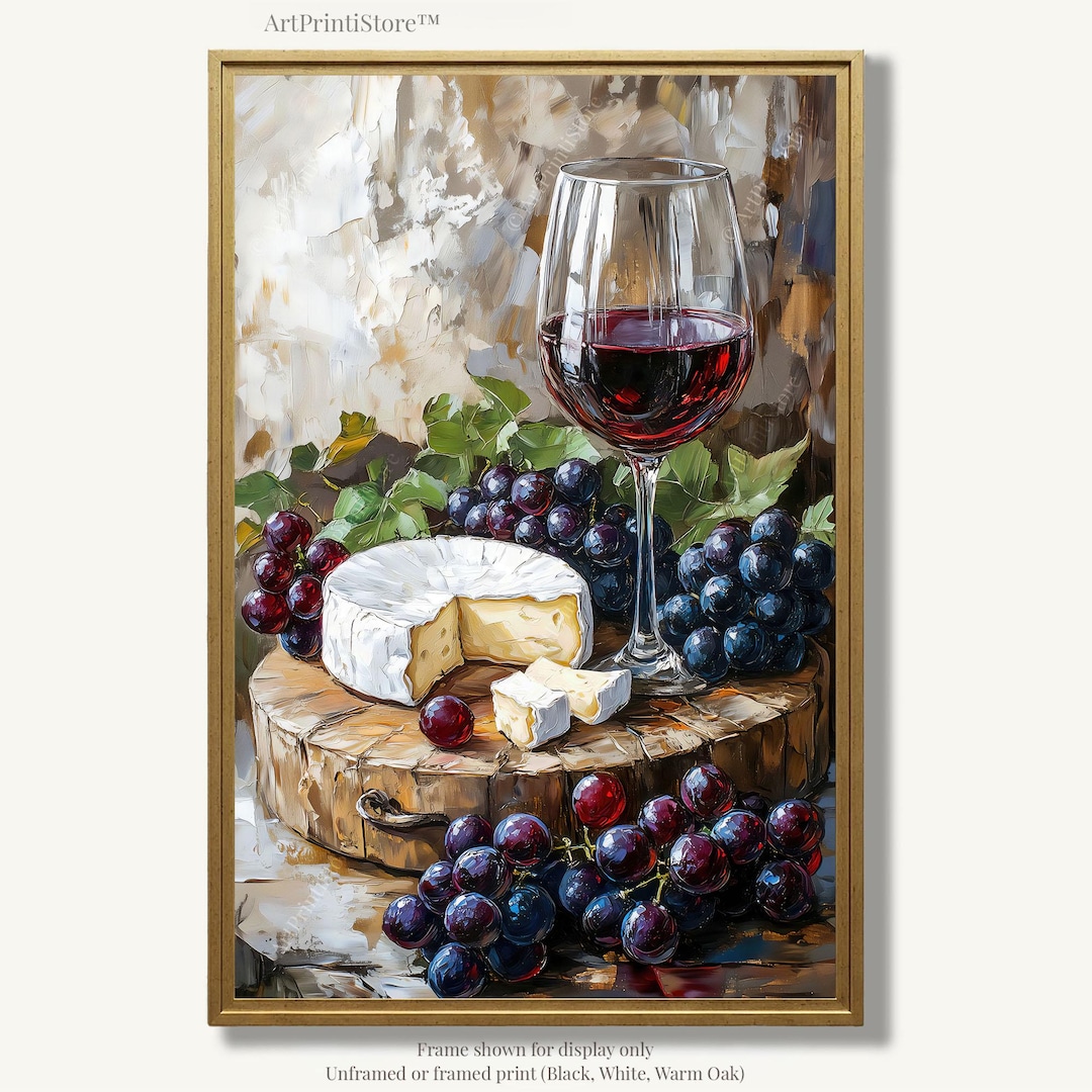 Red Wine Still Life Oil Painting Print on Paper Grapes Cheese Board ...