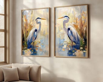 Blue Heron Set of 2 Art Prints Bird Oil Painting Coastal Poster Nature Artwork Modern Farmhouse Wall Decor