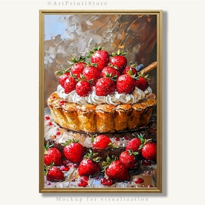 Strawberry Tart Art Print Kitchen Oil Painting Bakery Food Artwork Rustic Dessert Poster Vibrant Farmhouse Wall Decor