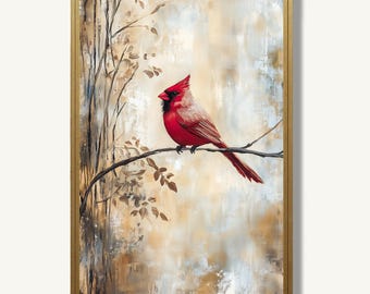 Cardinal Art Print Red Bird Oil Painting Nature Wildlife Poster Farmhouse Artwork Rustic Wall Decor