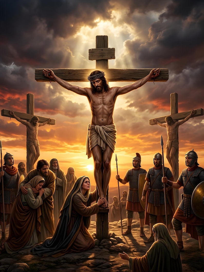 Crucifixion Wall Art | Three Crosses Golgotha Biblical Scene (digital ...