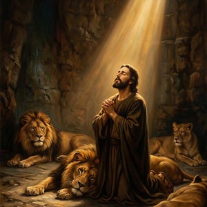 May include: A painting showing a man kneeling in prayer, bathed in light from a barred window. He is surrounded by four lions in a stone enclosure. The artwork uses warm, brown and gold tones to create a peaceful scene.