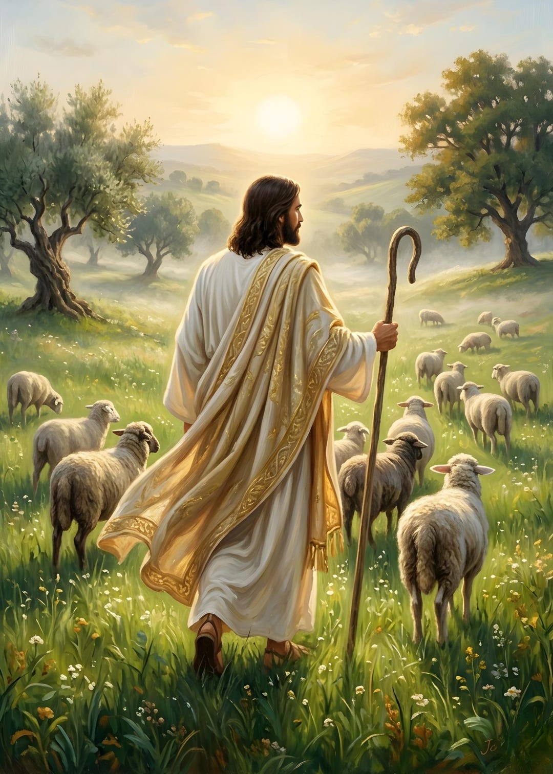 Good Shepherd Jesus Leading Flock Print | Oil Painting Christian Wall ...