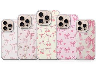 Capa de celular feminina com laço rosa para iPhone 17, 16, 15, 14, 13, 12, 11, Pixel 10, 9, 8, 7, 6, Samsung S25, S24, S23, S22, S21, A15