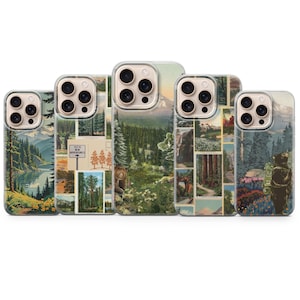 May include: Five phone cases with vintage-style nature scenes. The cases feature images of mountains, forests, lakes, and bears. One case has the text "New Adventures" on a sign. The cases are in clear protective covers.