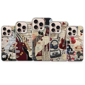 May include: Five clear phone cases with music-themed designs. Each case features musical notes, guitars, cassette tapes, and other music-related graphics in various colours. Some cases have text that reads "LONG LIVE" and "PLAYLIST".