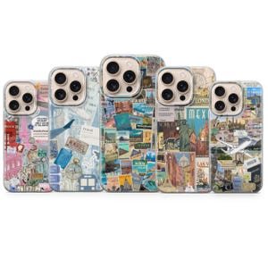 May include: Five clear phone cases with travel-themed collages. Each case features a different design with images of landmarks, travel stickers, and text like "MEMORIES" and city names. The cases are arranged in a row, showcasing various travel destinations.