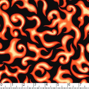 May include: A fabric with a repeating flame pattern. The design features orange and yellow flames outlined in red against a black background. The flames have a stylized, swirling shape, creating a dynamic and energetic visual.