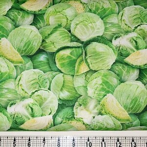 May include: A fabric print featuring a dense arrangement of green cabbages and cabbage wedges. The cabbages vary in size and are tightly packed together, creating a textured pattern. The color palette is dominated by shades of green and white.