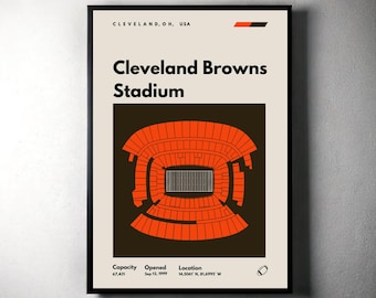 Puede incluir: Un póster minimalista con fondo marrón y un contorno naranja del estadio de los Cleveland Browns. El póster incluye el texto "Cleveland Browns Stadium", "Capacidad 67.431", "Inaugurado el 12 de septiembre de 1999" y "Ubicación 14.5061 N, 81.6995 W".