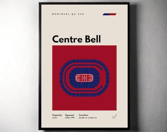 Könnte beinhalten: Ein Poster mit einer roten und blauen Illustration der Centre Bell Arena in Montreal, Quebec, Kanada. Das Poster enthält den Namen der Arena, den Standort, die Kapazität und das Eröffnungsdatum. MONTREAL, QC, USA. Centre Bell. Kapazität Eröffnet 21,105 16. März 1996 Lage 45,4961 N, 73,5693 W