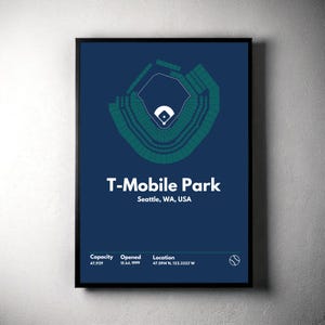 May include: A framed print featuring a teal and white baseball field diagram against a dark blue background. The text "T-Mobile Park" and "Seattle, WA, USA" are displayed. Additional details include capacity, opening date, and location.