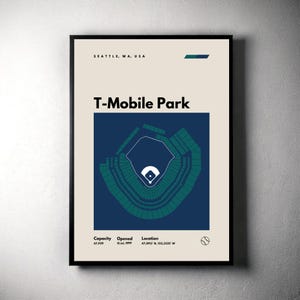 May include: A minimalist poster design featuring a blue and green illustration of T-Mobile Park, a baseball stadium in Seattle, Washington. The poster includes the stadium's name, location, capacity, and opening date.