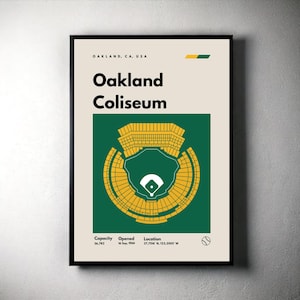 Oakland Athletics Poster, Oakland Coliseum Stadium Print, Mid Century Modern Baseball Poster, Sports Bedroom Art, Minimalist Office Wall Art