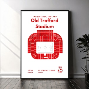 May include: A red and white diagram of Old Trafford Stadium in Manchester, England. The stadium's capacity is 76,212 and its location is 53°27′47″N 2°17′29 W. The stadium was built in 1910.