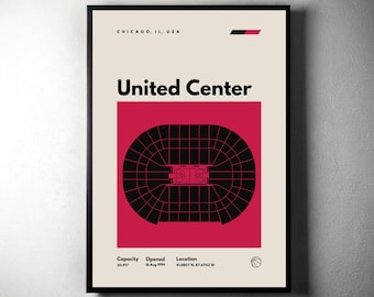Poster dei Chicago Bulls, stampa dello stadio United Center, poster di basket moderno di metà secolo, poster sportivi per la camera da letto, arte murale minimalista per ufficio