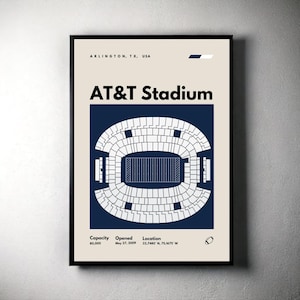 May include: A blue and white illustration of AT&T Stadium in Arlington, Texas. The stadium is a large, oval-shaped structure with a football field in the center. The illustration includes the stadium's capacity, opening date, and location.