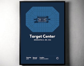 Könnte beinhalten: Ein gerahmtes Poster mit dunkelblauem Hintergrund zeigt eine Draufsicht auf die Target Center Arena in Minneapolis, USA. Die Sitzanordnung der Arena ist blau. Der Text enthält "Target Center" und Details zu Kapazität, Eröffnungsdatum und Standort.