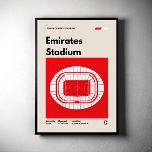 May include: A red and white poster with a diagram of the Emirates Stadium in London, United Kingdom. The poster includes the stadium's capacity, opening date, and location.