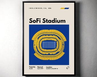 Könnte beinhalten: Ein Poster mit einem blauen und gelben Farbschema, das das SoFi Stadium in Inglewood, Kalifornien, darstellt. Das Poster enthält den Namen des Stadions, seinen Standort, seine Kapazität und sein Eröffnungsdatum.