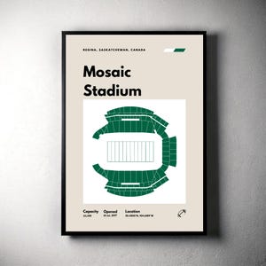 May include: A green and white diagram of Mosaic Stadium in Regina, Saskatchewan, Canada. The stadium opened on July 1, 2017 and has a capacity of 33,350 people. The stadium's location is 50.4500 N, 104.6189W.