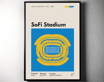 Könnte beinhalten: Ein minimalistisches Posterdesign mit einem blauen und gelben Schema des SoFi Stadium in Inglewood, Kalifornien. Das Poster enthält den Namen des Stadions, den Standort, die Kapazität und das Eröffnungsdatum.