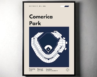 Detroit Tigers Poster, Detroit Comerica Park Print, Mid Century Modern Baseball Poster, Sports Bedroom Posters, Minimalist Office Wall Art