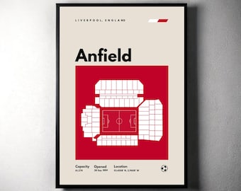 Liverpool-voetbalposter, Anfield Stadium-print, moderne voetbalposter uit het midden van de eeuw, sportslaapkamerposters, minimalistische kantoormuurkunst