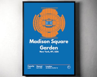 Póster de los New York Knicks, impresión del Madison Square Garden, póster de baloncesto moderno de mediados de siglo, póster deportivo para dormitorio, arte minimalista para pared de oficina