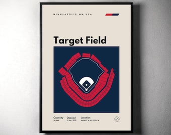 Minnesota Twins-poster, Target Field Stadium-print, moderne honkbalposter uit het midden van de eeuw, sportslaapkamerposters, minimalistische kantoormuurkunst