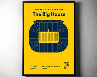 The Big House Poster, Michigan Wolverines Stadium Print, Mid Century Modern Football Poster,Sport Bedroom Posters,Minimalist Office Wall Art