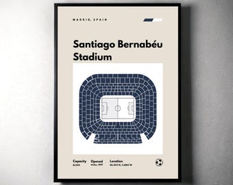 Real Madrid Poster, Santiago Bernabeu Stadium Print, Mid Century Modern Soccer Poster, Football Bedroom Posters, Minimalist Office Wall Art