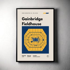 May include: A poster with a blue and yellow color scheme featuring a schematic of the Gainbridge Fieldhouse in Indianapolis, Indiana. The poster includes the text "Gainbridge Fieldhouse", "Indianapolis, IN, USA", "Capacity 17,923", "Opened 6 Nov 1999", and "Location 39.7640 N, 86.1555 W".