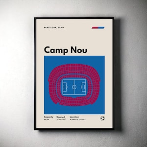 Pôster do Barcelona, Impressão de futebol do estádio Camp Nou, Pôster de futebol moderno de meados do século, Pôsteres de quarto esportivo, Arte de parede de escritório minimalista