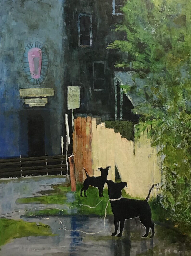 May include: A painting of two black dogs on leashes in a city alleyway. The dogs are silhouetted against a light-colored wall and a green bush. A sign that reads "No Parking" is visible in the background.