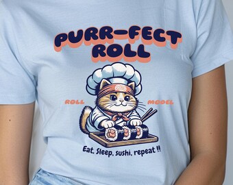 Chef Cat Sushi Lover Unisex Softstyle T-Shirt, Funny Cook Tee, Eat Sleep Sushi Repeat Shirt, Asian Food Gift, Restaurant Worker Top, Cat