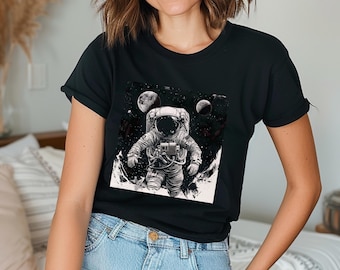 T-shirt graphique de l'espace astronaute, étoiles de planètes lune rétro vintage, t-shirt astronome cosmique, exploration de la galaxie, chemise de l'espace, astronaute