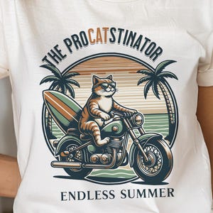 Cat Riding Motorcycle The Procatstinator Unisex T-Shirt, Funny Graphic Tee for Cat Lovers, Veterinarians, Animal Conservationists, Softstyle