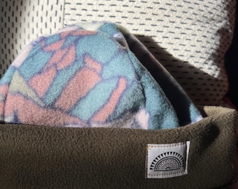 Teeny Fleece Beanie - Mountains with Green Cuff